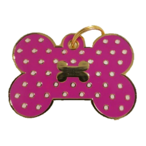 PLACA HUESO GRANDE FUCSIA PUNTOS BLANCOS HUESO DORADO