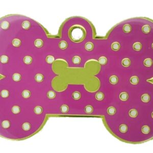 PLACA HUESO MEDIANA FUCSIA PUNTOS BLANCOS HUESO DORADO