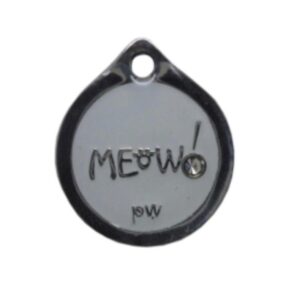 PLACA REDONDA BLANCA BORDE PLATEADO MEOW